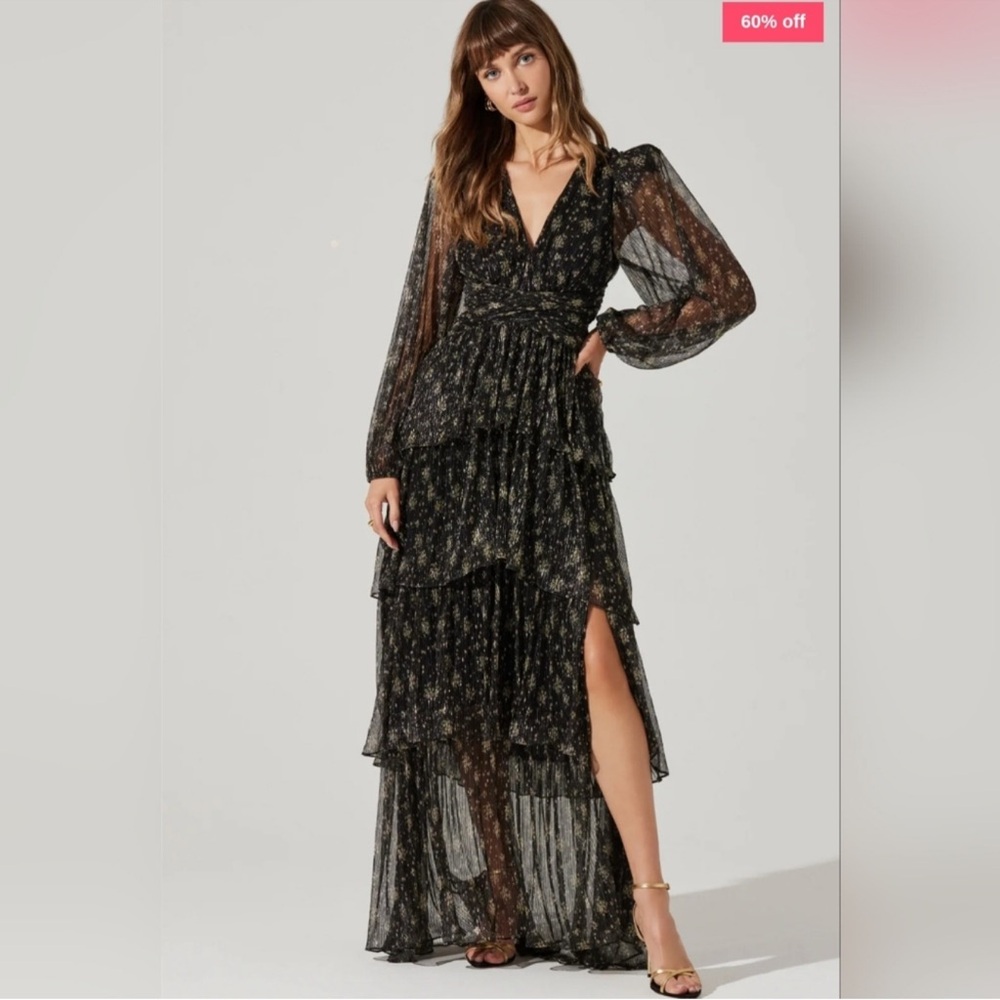 Astr Black Sheer Floral Long Sleeve Dress